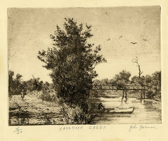 Artist: b'Farmer, John.' | Title: b'Kananook Creek.' | Date: 1962 | Technique: b'etching, softground-etching, printed in brown ink with plate-tone, from one plate'