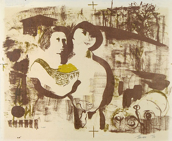Artist: b'WALL, Edith' | Title: b'Girl with lemons' | Date: (1950's) | Technique: b'lithograph, printed in colour, from multiple plates' | Copyright: b'Courtesy of the artist'