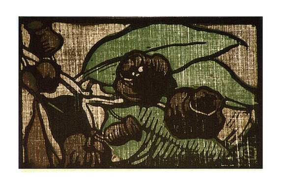 Artist: b'OGILVIE, Helen' | Title: b'Greeting card: Gumnuts' | Date: (1936) | Technique: b'linocut, printed in colour, from three blocks'