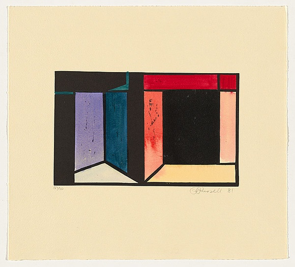 Artist: b'Russell, Julie.' | Title: b'not titled [two doorways]' | Date: 1981 | Technique: b'linocut, printed in black ink, from one block; hand-coloured with watercolour'