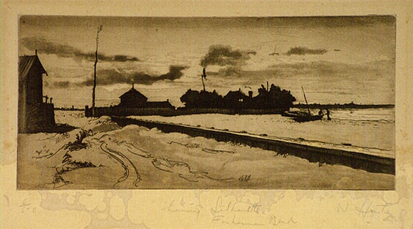 Artist: b'Hunter, William.' | Title: b'Evening silhouette, Fisherman Bend' | Date: 1940s | Technique: b'etching and aquatint, printed inbrown ink, from one plate'