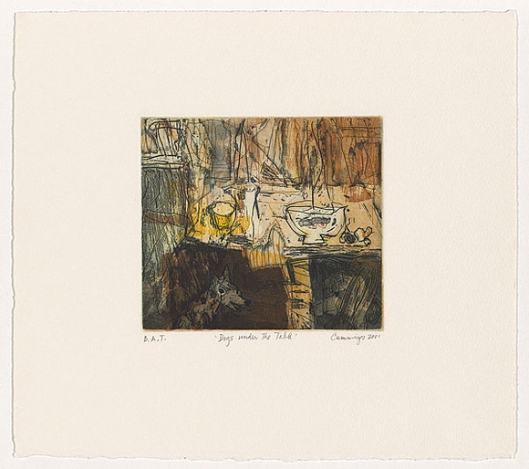 Artist: b'Cummings, Elizabeth.' | Title: b'Dogs under the table.' | Date: 2001 | Technique: b'etching and aquatint, printed in colour, from four plates'