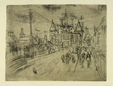 Artist: MACQUEEN, Mary | Title: Street in Abbotsford | Date: 1958 | Technique: etching and aquatint, printed in brown ink with plate-tone, from one plate | Copyright: Courtesy Paulette Calhoun, for the estate of Mary Macqueen