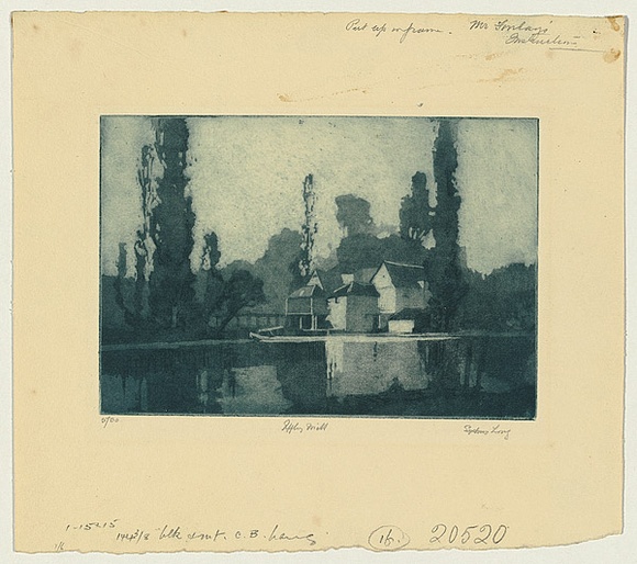 Artist: b'LONG, Sydney' | Title: b'Iffley Mill, Oxford' | Date: c.1919 | Technique: b'aquatint, printed in blue ink, from one copper plate' | Copyright: b'Reproduced with the kind permission of the Ophthalmic Research Institute of Australia'