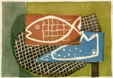 Artist: b'Brash, Barbara.' | Title: b'(Still life fish).' | Date: c.1955 | Technique: b'linocut, printed in colour from four blocks, with black painted on to brown block'