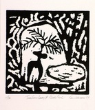Artist: Warren, Guy. | Title: Tree fern lady and rock pool. | Date: 1987 | Technique: linocut, printed in black ink, from one block