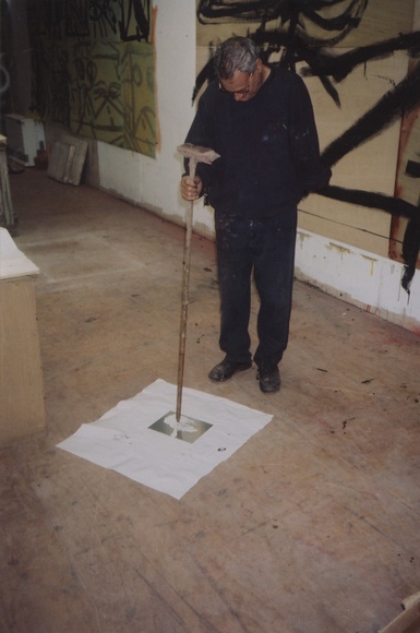 Artist: b'LOANE, John' | Title: b'Mike Parr working plate with broom handle at Viridian Press, Olinda, Victoria.'