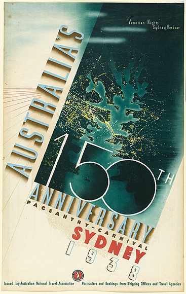 Artist: b'Annand, Douglas.' | Title: b'Australia\'s 150th Anniversary  Pageantry - Carnival Sydney 1938.  Venetian Nights Sydney Harbour.' | Date: 1938 | Technique: b'photo-lithograph, printed in colour, from multiple plates' | Copyright: b'\xc2\xa9 A.M. Annand'