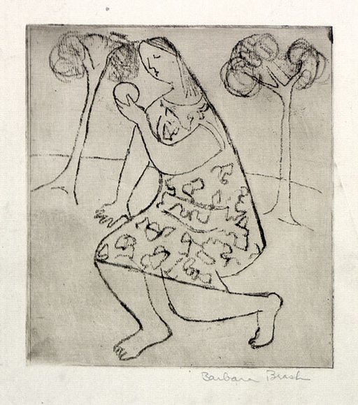 Artist: b'Brash, Barbara.' | Title: b'(Kneeling woman with fruit).' | Date: 1950s | Technique: b'softground etching, printed in brown ink with plate-tone, from one plate'