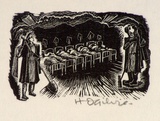 Artist: OGILVIE, Helen | Title: (University dormitory room with seven occupied beds, guarded by two men in medieval dress, with spade and rake) | Date: (1953) | Technique: wood-engraving, printed in black ink, from one block