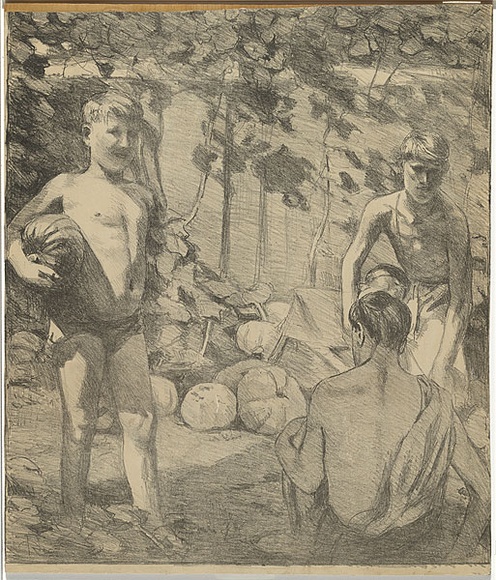 Artist: Reynolds, Frederick George. | Title: Boys with pumpkins | Date: 1927 | Technique: lithograph, printed in black ink, from one stone