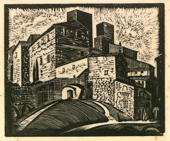 Artist: b'FIZELLE, Rah' | Title: b'not titled [Italian hill village].' | Date: c.1929 | Technique: b'wood-engraving, printed in black ink, from one block'