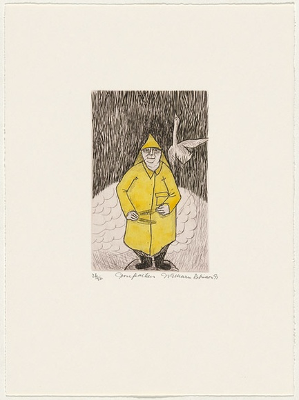 Artist: b'Robinson, William.' | Title: b'Goose feathers' | Date: 1991 | Technique: b'etching, printed in brown ink, from one plate; hand-coloured'