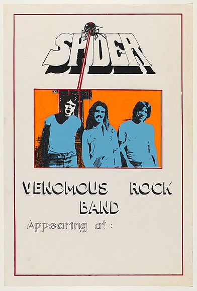 Artist: b'UNKNOWN' | Title: b'Spider. Venomous rock band.' | Date: 1979 | Technique: b'screenprint, printed in colour, from multiple stencils'