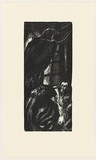 Artist: b'AMOR, Rick' | Title: b'Not titled (large raven and cowering man 1).' | Date: (1990) | Technique: b'woodcut, printed in black ink, from one block'