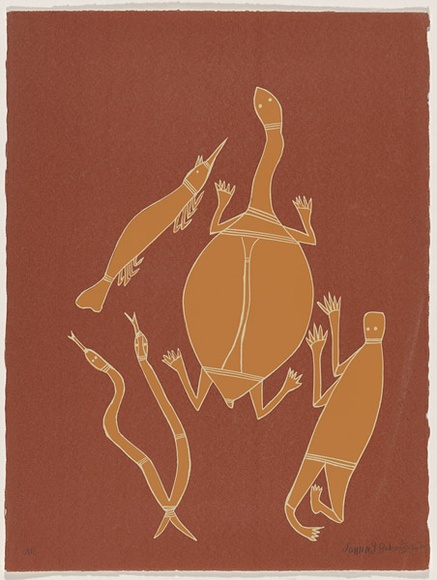 Artist: b'Bulunbulun, Johnny.' | Title: b'Long-necked tortoise, spirit hunter, serpents and prawn' | Date: 1979 | Technique: b'screenprint, printed in colour, from multiple stencils' | Copyright: b'\xc2\xa9 Johnny Bulunbulun. Licensed by VISCOPY, Australia'