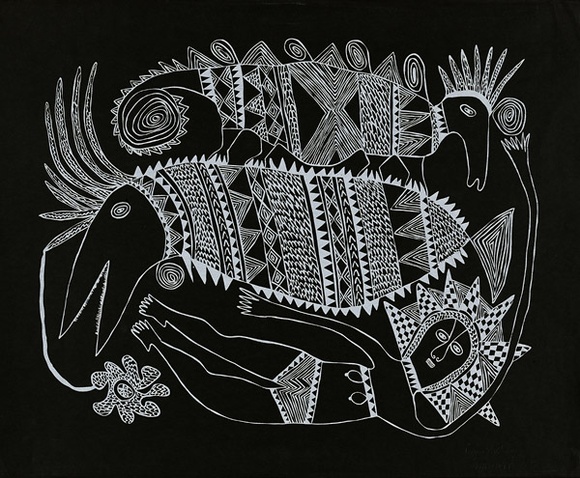 Artist: b'Kauage, Mathias.' | Title: b'Magic fish' | Date: 1969 | Technique: b'screenprint, printed in white ink, from one screen'