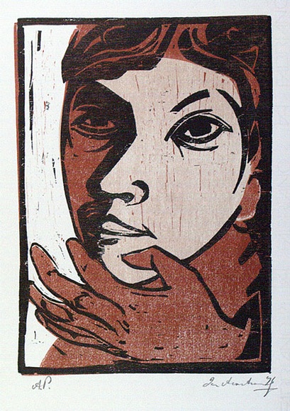 Artist: b'Armstrong, Ian.' | Title: b'(Portrait).' | Date: 1976 | Technique: b'woodcut, printed in colour, from three blocks'