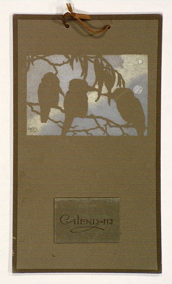 Artist: Derham, Frances. | Title: Calendar: (Three kookaburras in moonlight). | Date: (1920-21) | Technique: stencil, printed in colour