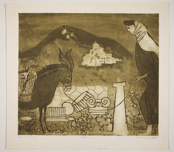 Artist: b'Haxton, Elaine' | Title: b'Mykonos' | Date: 1969 | Technique: b'etching and aquatint, printed in brown-green ink'