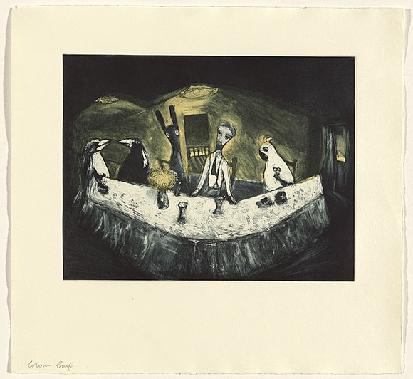 Artist: Shead, Garry. | Title: Supper | Date: 1994-95 | Technique: etching, aquatint and sugarlift, printed in blue-black and yellow inks, from two plates | Copyright: © Garry Shead