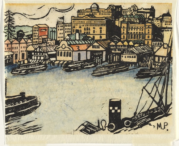 Artist: b'PRESTON, Margaret' | Title: b'Circular Quay.' | Date: 1920 | Technique: b'woodcut, printed in black ink, from one block; hand-coloured' | Copyright: b'\xc2\xa9 Margaret Preston. Licensed by VISCOPY, Australia'