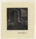 Artist: OGILVIE, Helen | Title: not titled [Relief printing press; knotted rope; ship without sails up]. | Date: c.1947 | Technique: wood-engraving, printed in black ink, from one block