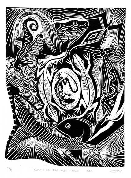 Artist: b'Lindsay (Sale), Joe.' | Title: b'Kudo i asi fai Kudo i tolo' | Date: 1995 | Technique: b'woodcut, printed in black ink, from one block'