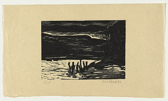 Artist: b'AMOR, Rick' | Title: b'not titled (river, trees on right, stumps in water).' | Date: 1984 | Technique: b'linocut, printed in black ink, from one block'