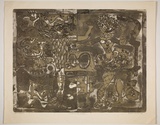 Artist: Haxton, Elaine | Title: Commedia del arte | Date: 1968 | Technique: open-bite etching and aquatint printed in grey ink; sprinkled with gold dust