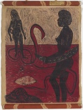 Artist: b'Gilbert, Kevin.' | Title: b'Wahlo desert soak' | Date: 1968 | Technique: b'linocut, printed in colour, from two blocks'