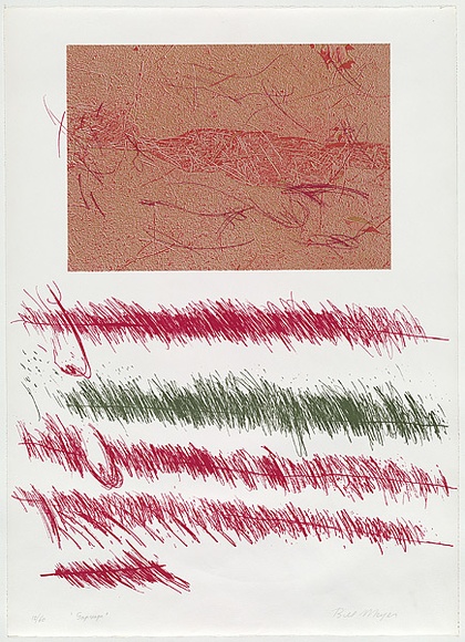 Artist: b'MEYER, Bill' | Title: b'Gapscape' | Date: 1980-81 | Technique: b'screenprint, printed in colour, from four stencils (charcoal on acetate for indirect stencils and half tone photo images)' | Copyright: b'\xc2\xa9 Bill Meyer'