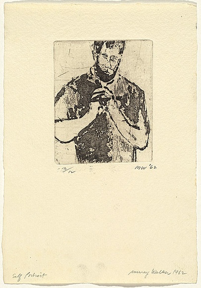 Artist: b'WALKER, Murray' | Title: b'Self-portrait' | Date: 1962 | Technique: b'etching and sugar lift aquatint, printed in black ink, from one plate'