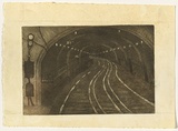 Artist: b'TRAILL, Jessie' | Title: b'Le metro [the metro]' | Date: 1951 | Technique: b'aquatint and etching, printed in warm black ink, from one plate'