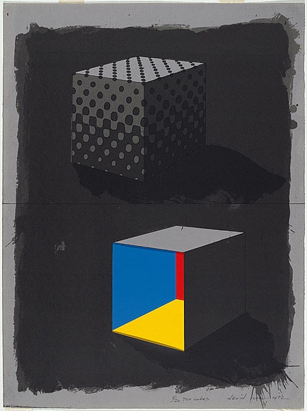 Artist: b'ROSE, David' | Title: b'Two cubes' | Date: 1972 | Technique: b'screenprint, printed in colour, from multiple stencils; on two sheets, the top sheet cut to expose the undersheet'