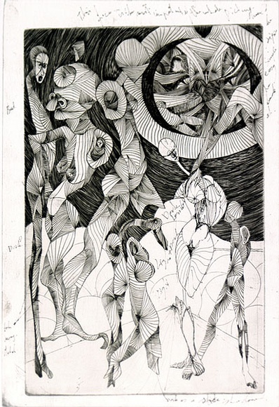 Artist: b'SHOMALY, Alberr' | Title: b'Man and universe' | Date: 1968 | Technique: b'engraving, printed in black ink, from one copper plate; additions in black ink'