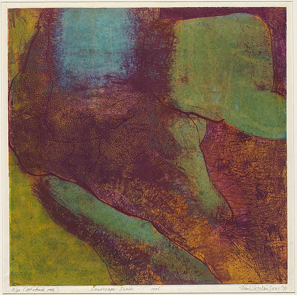 Artist: b'Hodgkinson, Frank.' | Title: b'Landscape inside...cool' | Date: 1971 | Technique: b'hard ground etching and deep etching, printed by the oil viscosity method, from one plate [green and red, yellow]'