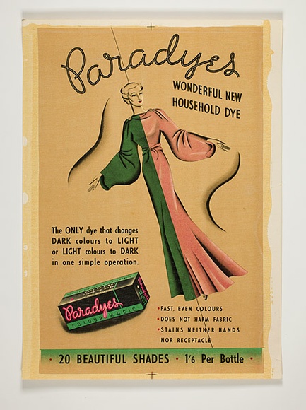 Artist: b'Burdett, Frank.' | Title: b'Paradyes, wonderful new household dye.' | Date: (1934-39) | Technique: b'lithograph, printed in colour, from multiple stones [or plates]'