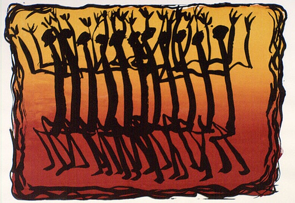 Artist: b'Inkahoots Ltd.' | Title: b'not titled (eleven figures dancing, hands up)' | Date: 1991 | Technique: b'screenprint, printed in colour, from multiple stencils'