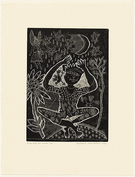Artist: b'HANRAHAN, Barbara' | Title: b'Girl with a doll' | Date: 1990 | Technique: b'etching, aquatint, printed in black ink with plate-tone, from one plate, hand-coloured'