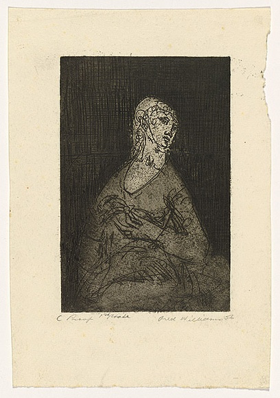 Artist: b'WILLIAMS, Fred' | Title: b'The engagement ring. Number 2' | Date: 1955-56 | Technique: b'etching, aquatint, printed in black ink with plate-tone, from one zinc plate' | Copyright: b'\xc2\xa9 Fred Williams Estate'