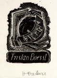Artist: OGILVIE, Helen | Title: not titled [Musical notation on scroll, globe of the world and books]. | Date: c.1944 | Technique: wood-engraving, printed in black ink, from one block