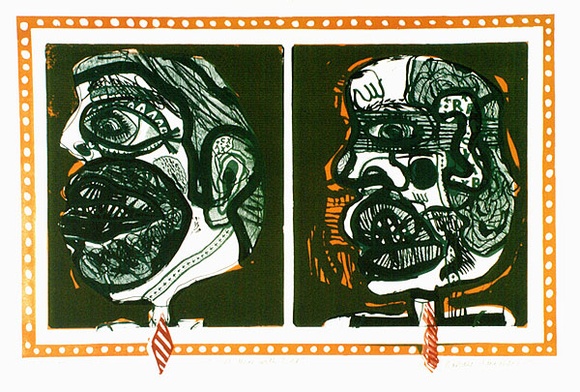 Artist: b'HANRAHAN, Barbara' | Title: b'Two men with ties' | Date: 1966 | Technique: b'lithograph, printed in colour, from four plates'