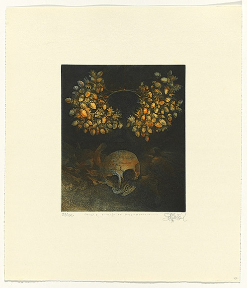 Title: b'Gold and Philip of Macedonia' | Date: 1991 | Technique: b'etching, printed in blue and orange ink, from one plate'