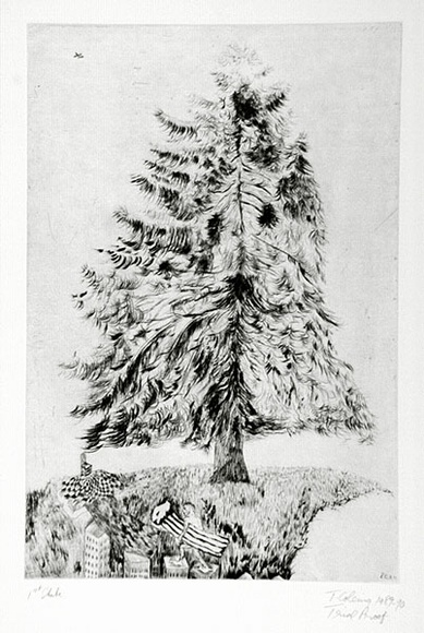 Artist: b'COLEING, Tony' | Title: b'Bunyah pine meets lilo man.' | Date: 1989-90 | Technique: b'etching, printed in black ink, from one plate'