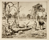 Artist: LINDSAY, Lionel | Title: Stone the crows | Date: 1940s | Technique: drypoint, printed in brown ink with plate-tone, from one plate | Copyright: Courtesy of the National Library of Australia