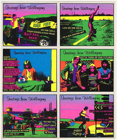 Title: b'Postcards: Greetings from Wollongong  - version 2 [single sheet]' | Date: 1982 | Technique: b'screenprint, printed in colour, from five stencils (recto)\nscreenprint, printed in black ink, from one stencil (verso)'