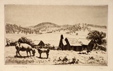 Artist: b'LINDSAY, Lionel' | Title: b'Kiandra homestead' | Date: 1930s | Technique: b'drypoint, printed in brown ink with plate-tone, from one plate' | Copyright: b'Courtesy of the National Library of Australia'