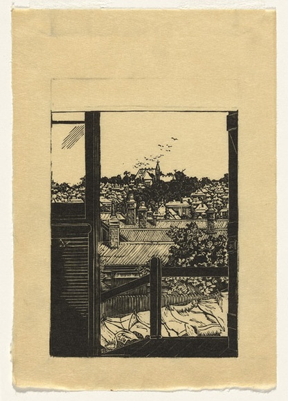 Artist: b'TRETHOWAN, Edith' | Title: b'View from the back door.' | Date: c.1932 | Technique: b'wood-engraving, printed in black ink, from one block'