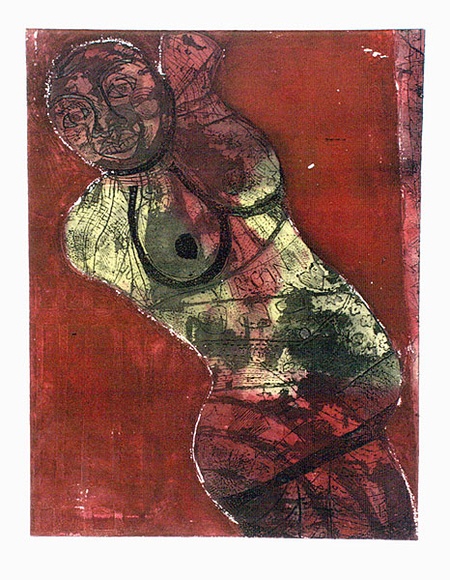 Artist: b'HANRAHAN, Barbara' | Title: b'Virgin pinup' | Date: 1964 | Technique: b'etching, aquatint, printed in colour from two  plates'